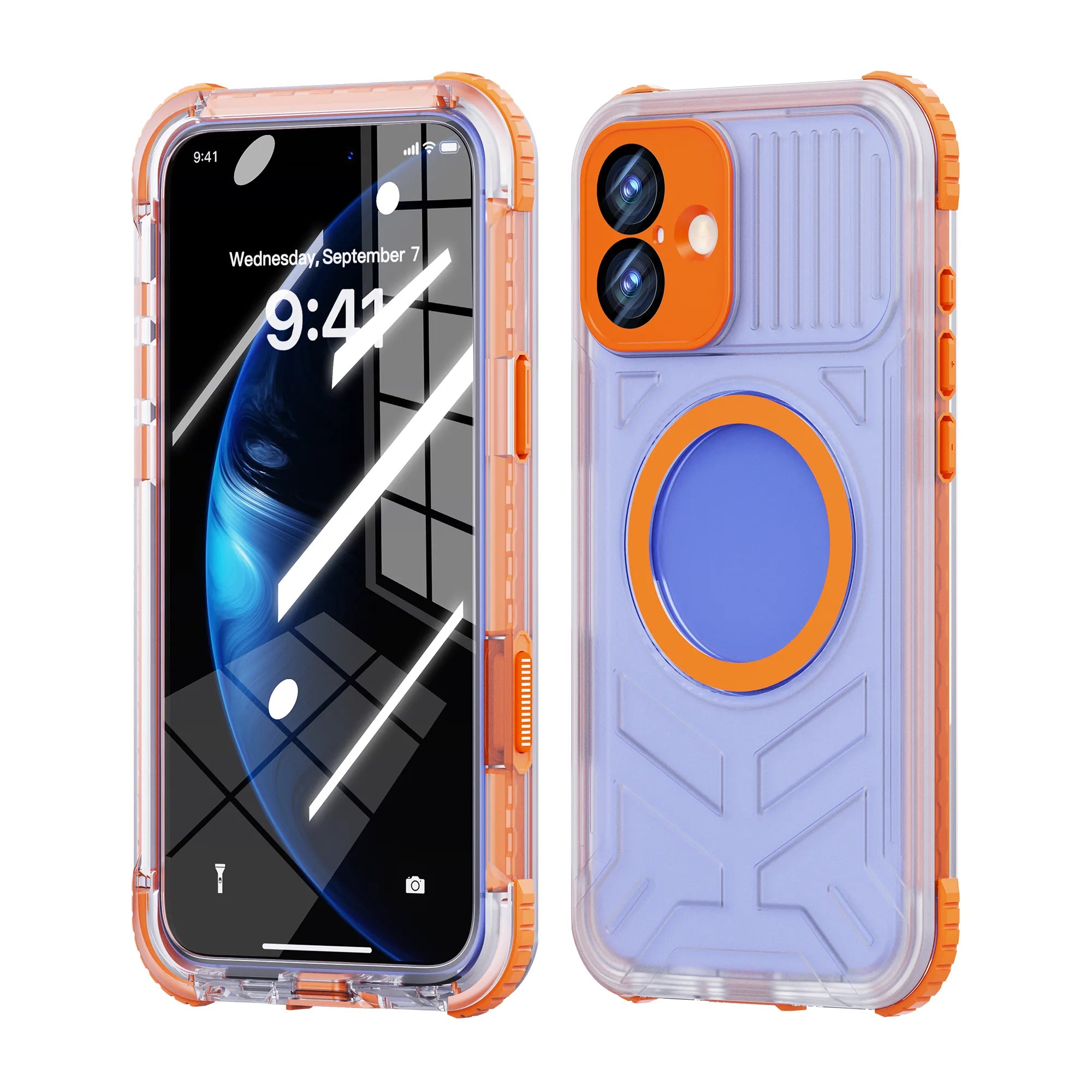 ShellBox Case for iPhone 16 Plus — Vibrant Orange Transparent Waterproof & Shockproof Case