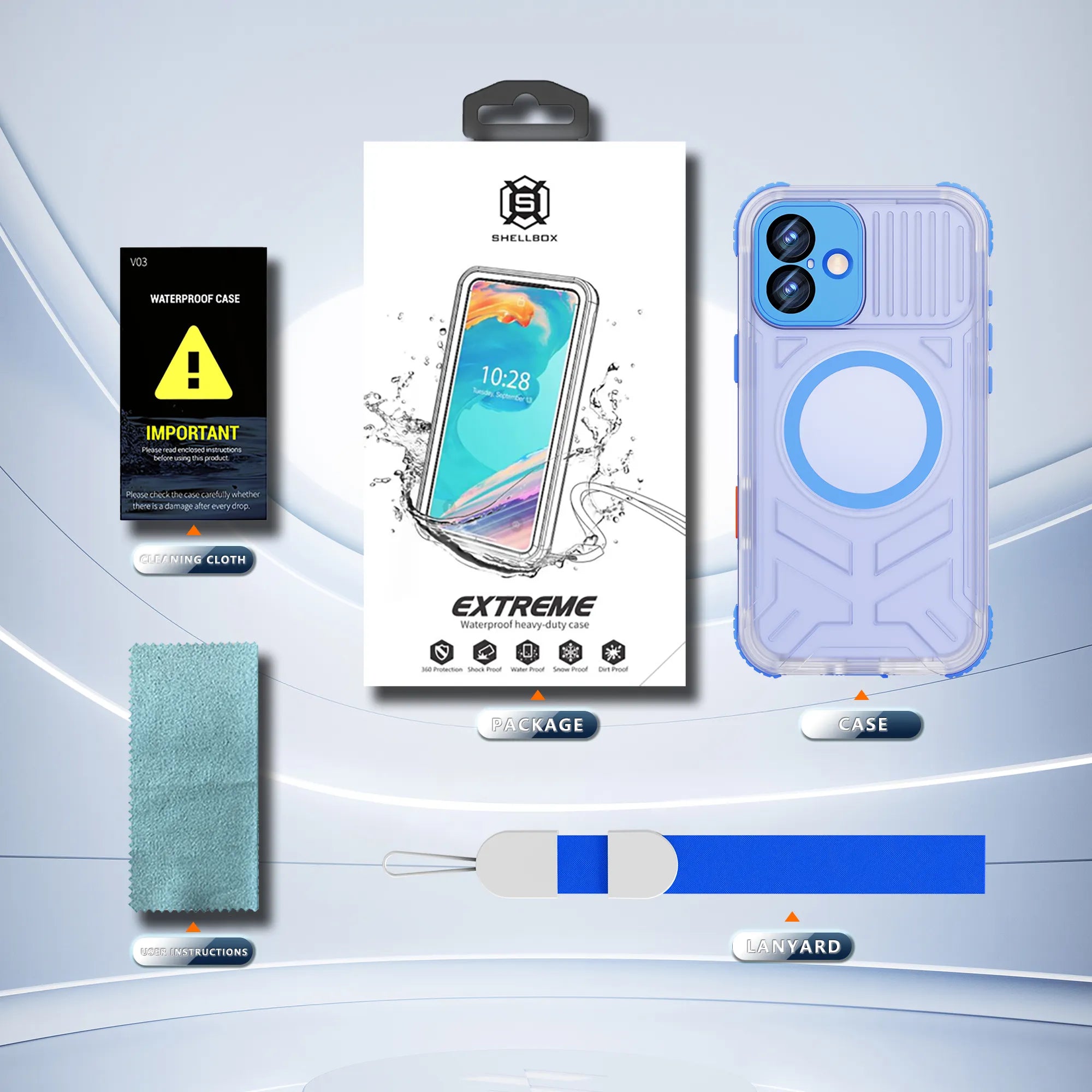 ShellBox Case for iPhone 16 Plus — Sky Blue Transparent Magnetic Waterproof & Shockproof Case