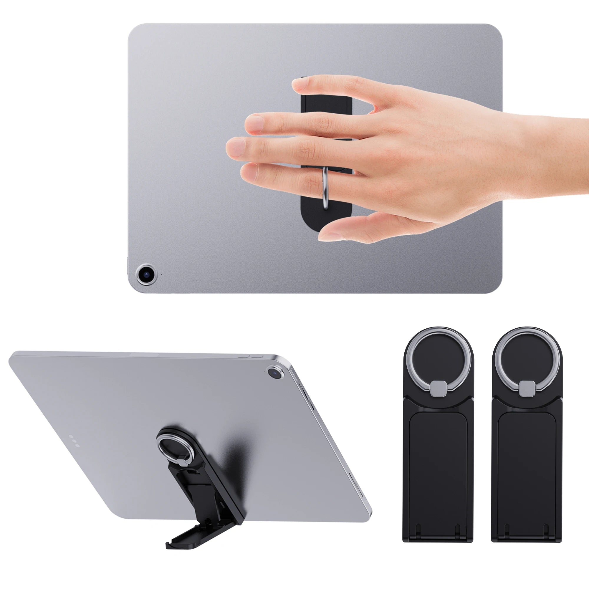 Adjustable Silver Grey Carbon Steel Tablet Stand with Silicone Pads – 2 Piece Set
