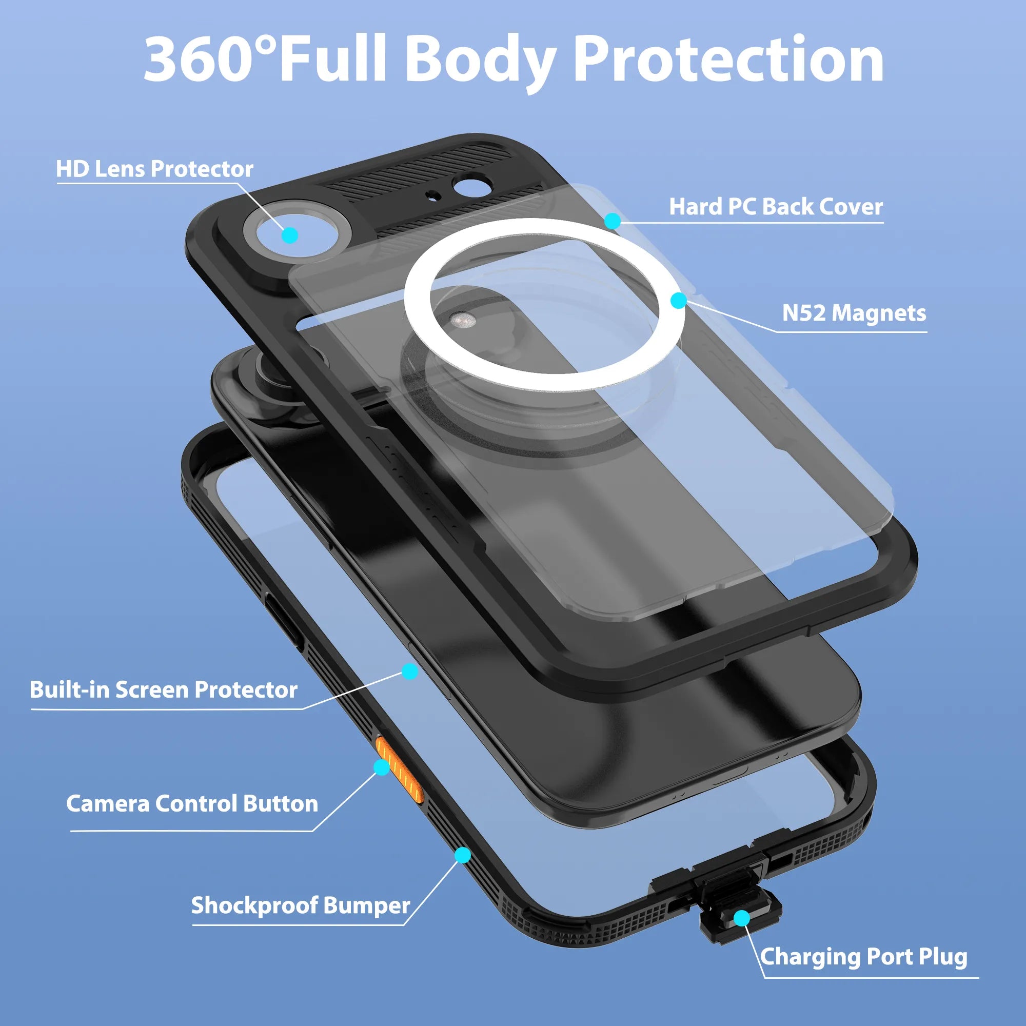 ShellBox Case Air Waterproof Magnetic Case for iPhone 17 Air, Black IP68 Full-Body Shockproof Cover with Screen & Camera Lens Protector